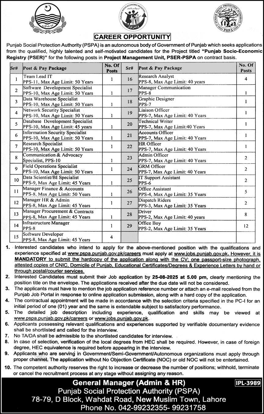 Jobs in Punjab Social Protection Authority Lahore